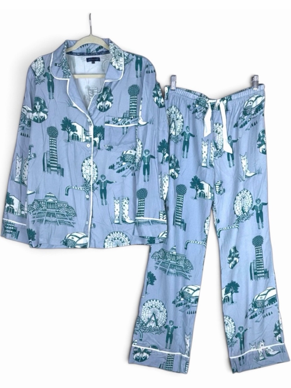 Katie Kime Dallas Toile 100% Cotton Long Pajama Pants Top Set Blue Green M